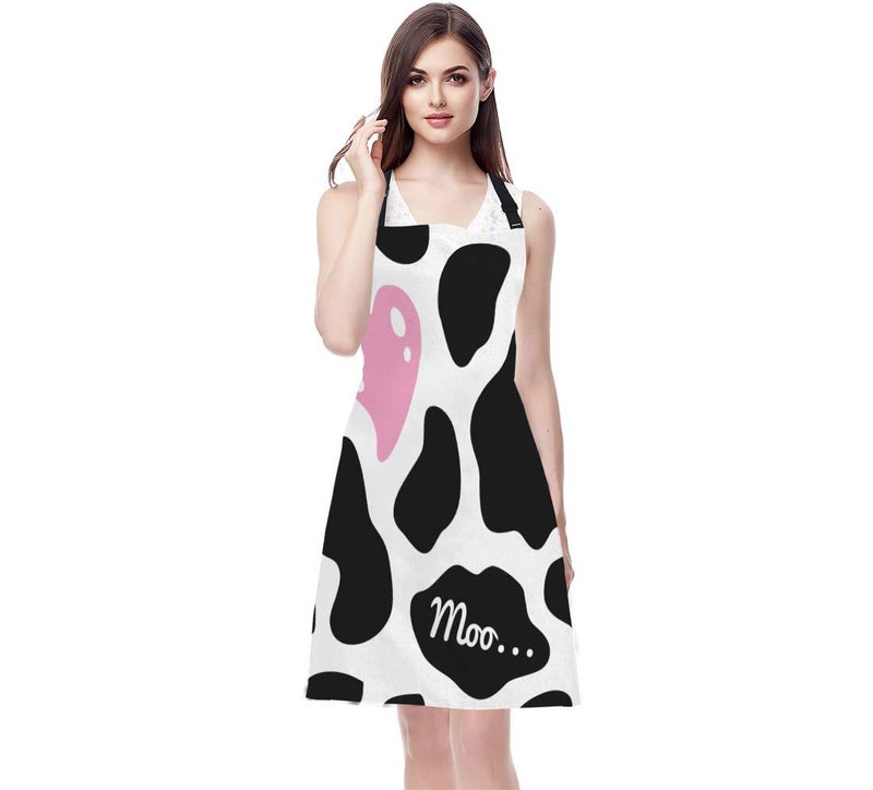 WONDERTIFY Heart Apron,Pink Heart on The Black and White Cow Skin Pattern Background Bib Apron with Adjustable Neck for Men Women,Suitable for Home Kitchen Cooking Waitress Chef Grill Bistro Apron - Image 5